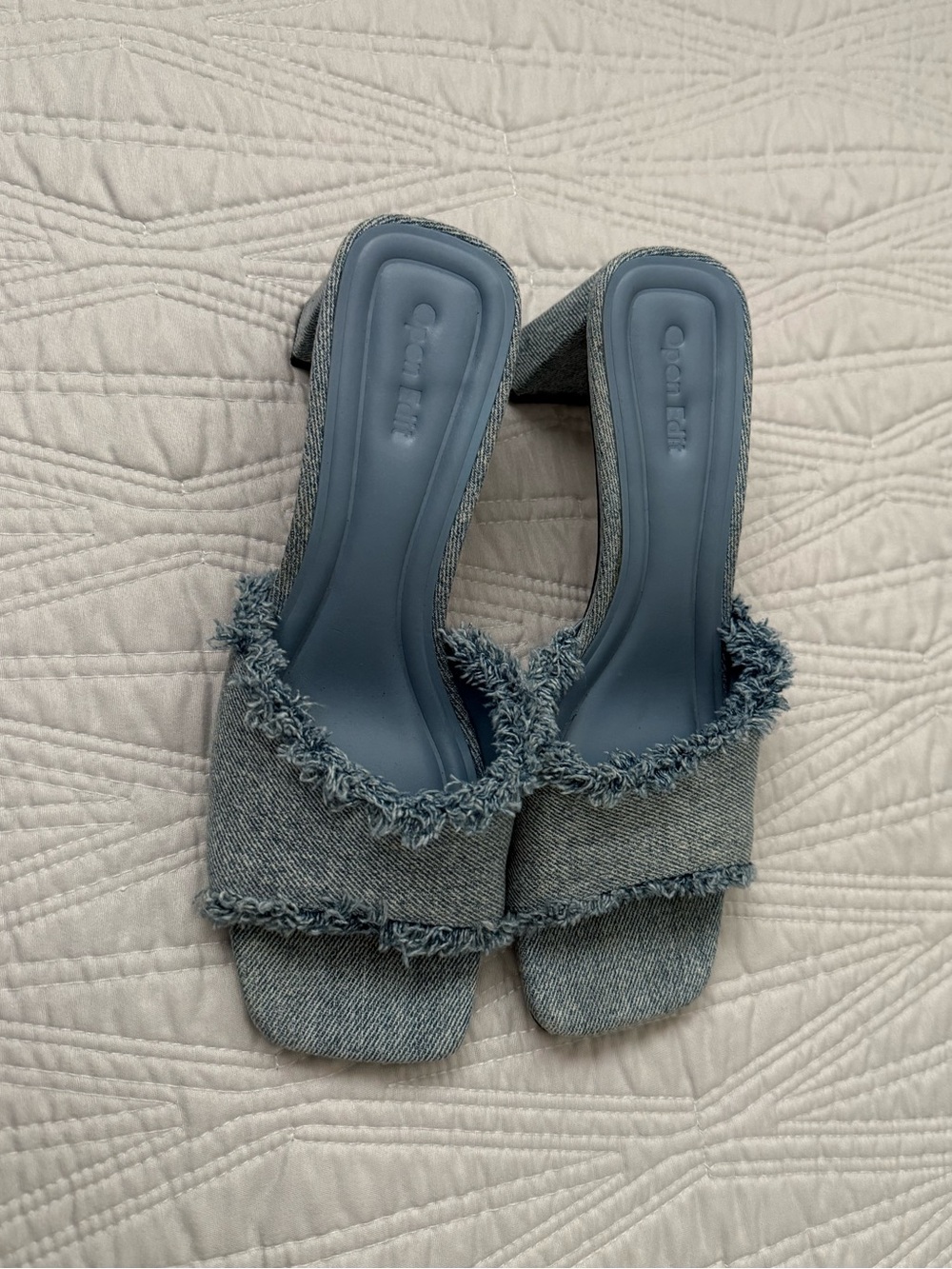 Open Edit Frayed Denim Block Heel Mules - Blue - Picture 3 of 6